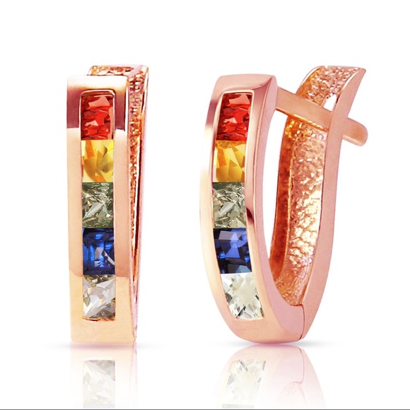 🌈⭐️14K GOLD HUGGIE EARRING  MULTI COLOR SAPPHIRES - Picture 2 of 3